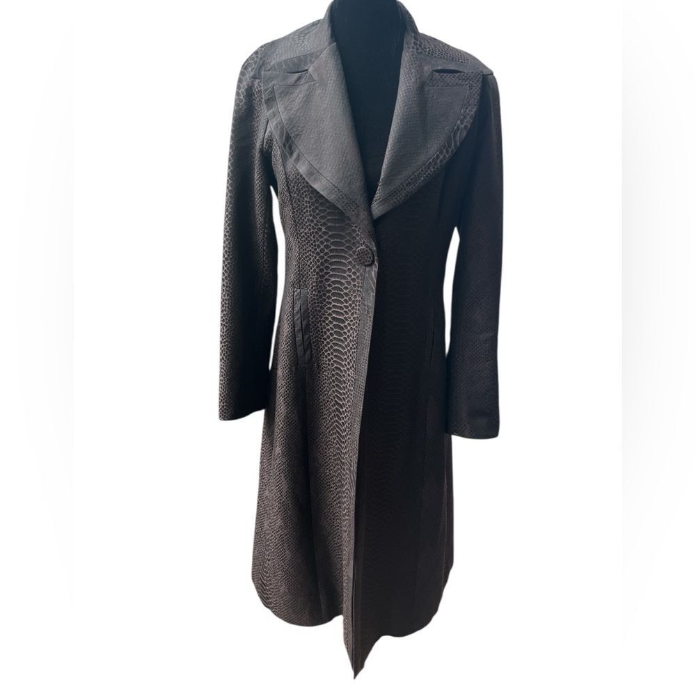 Rosaria LaManna Brown Lizard Pattern Wool Trench Coat Size Small Vintage Luxury